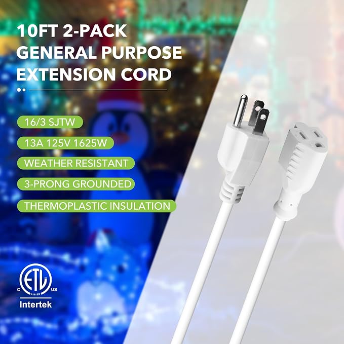 BN-LINK 10ft White Outdoor Extension Cord 16/3 SJTW, Weather Resistant & Flame - Image 4