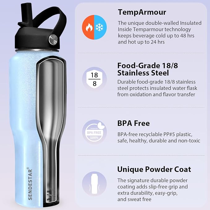 SENDESTAR Water Bottle, Wide Mouth Stainless Steel Vacuum Insulated Double Wall - Image 4