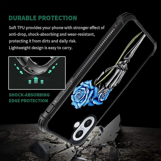 for iPhone 16 Case, Skeleton Holding Blue Rose Pattern Graphic Design Girl Boy - Image 2