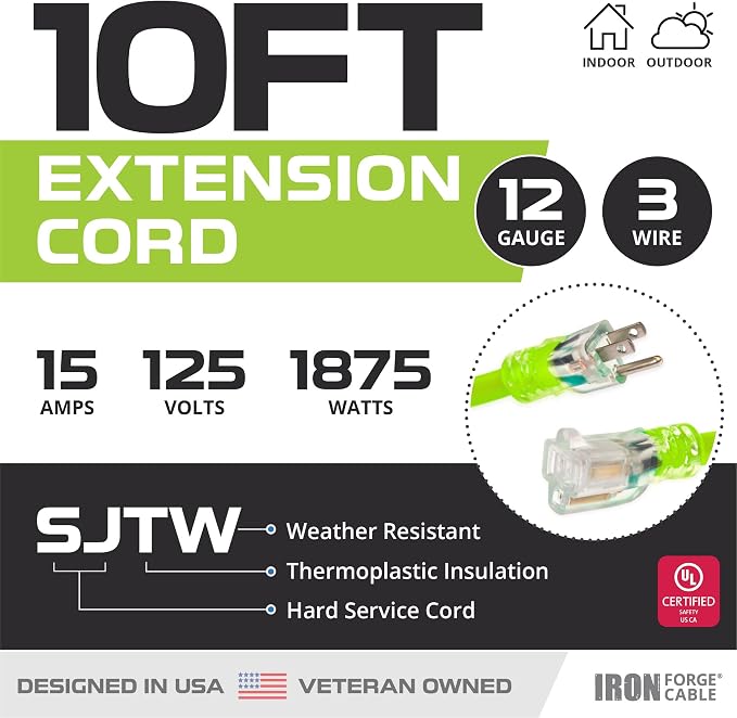 Iron Forge Cable Weatherproof 10 Ft Outdoor Extension Cord Neon Green - Image 2