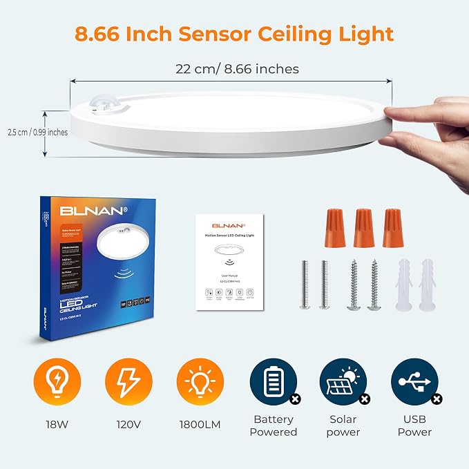 BLNAN Motion Sensor Ceiling Light Wired, 8.7 Inch 3000K 4000K 5000K Selectable - Image 8