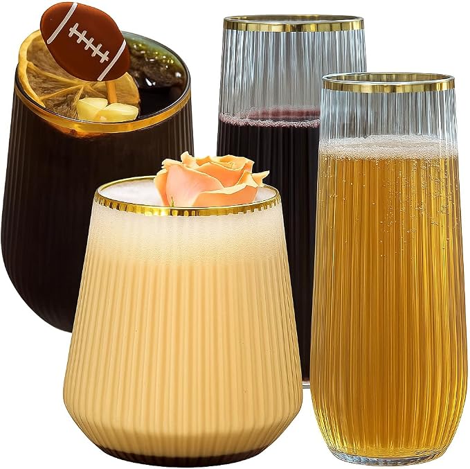 Oojami 48 Pack Ribbed Origami Ripple Plastic Glasses, 24 9 Ounce Stemless by Oojami