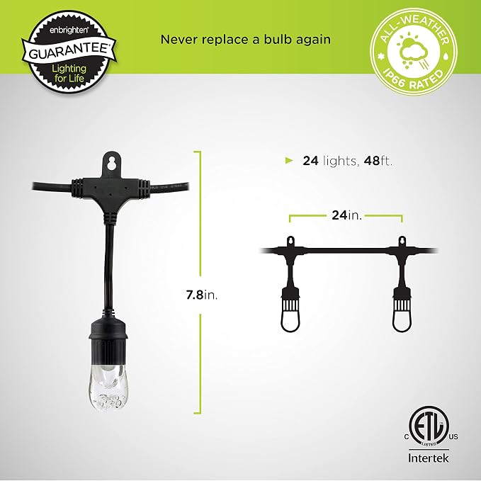 Enbrighten Classic Warm White String Lights, 48ft Black Cord, 24 Shatterproof - Image 2