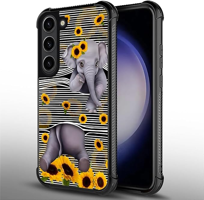 for Samsung Galaxy S23 Plus Case, Cute Little Elephant Sunflower White Line Art - Image 2