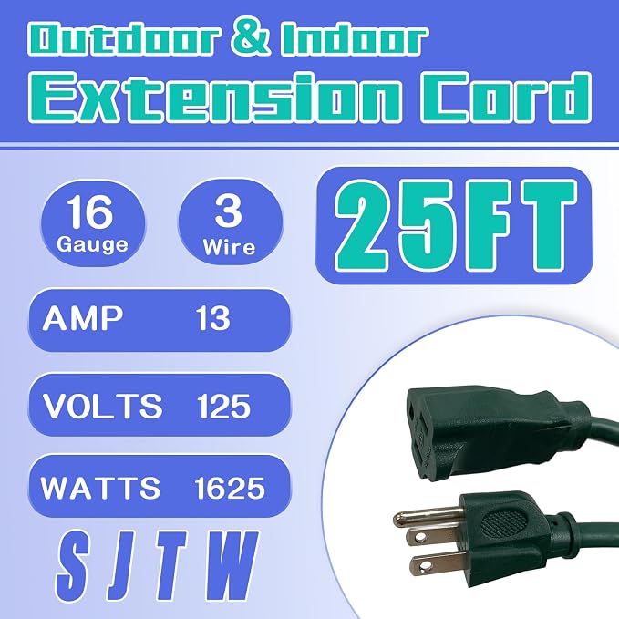 Indoor Outdoor Extension Cord 25 FT, 16/3 SJTW Weatherproof Green Electrical - Image 2