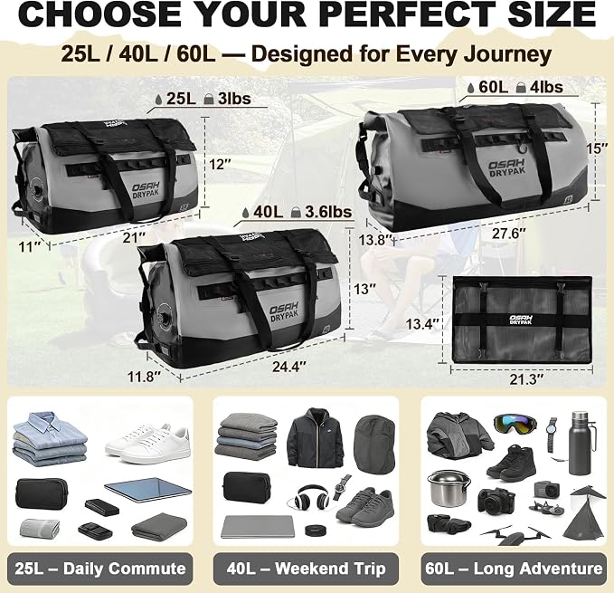OSAH DRYPAK Waterproof Duffel Bag 25L/40L/60L – Heavy-Duty Motorcycle Tail Bag - Image 2