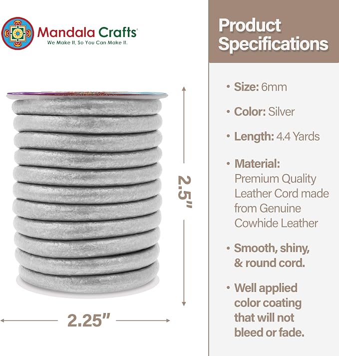 Mandala Crafts Round Genuine Silver Leather Cord - Image 4