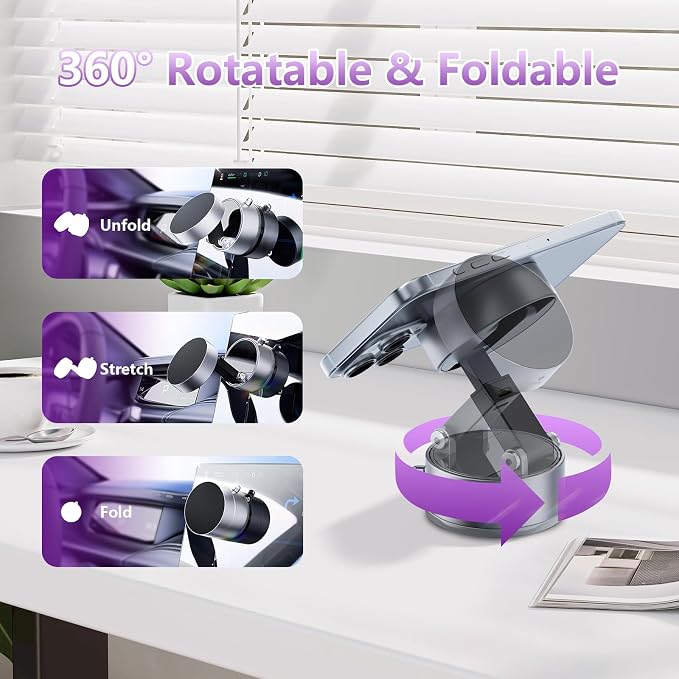 Vacuum Magnetic Phone Holder, Foldable Magnetic Suction Phone Mount, 360° - Image 2