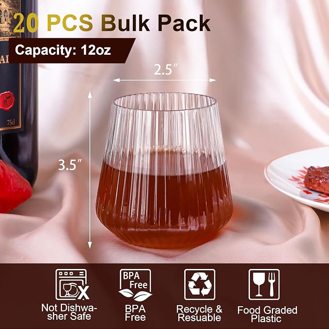 Lueumxc 20 Pack Plastic Ribbed Wine Glasses, 14Oz Origami Disposable Wine - Image 2
