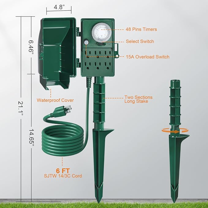 SURAIELEC Outdoor Power Stake, 24-Hour Mechanical Light Timer, Electrical Power - Image 7