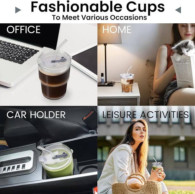 2PCS Glass Cups With Lids And Straws, Iced Coffee Cup, 15Oz/450ml Iced Coffee - Image 6