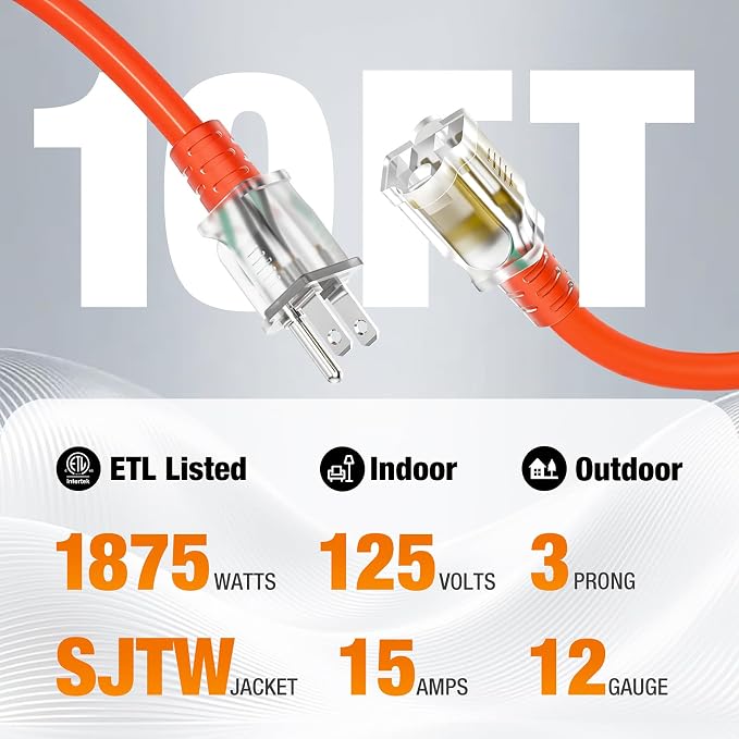 Outdoor Extension Cord 10 FT Waterproof, 12/3 Gauge Heavy Duty 3 Prong Power - Image 2
