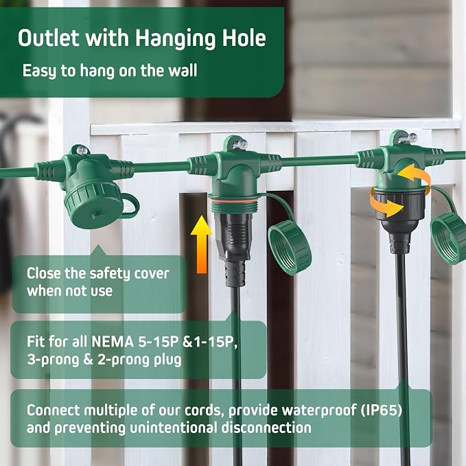 50FT Green Outdoor Extension Cord, Evenly Spaced 6 Outlets Plugs - Image 6