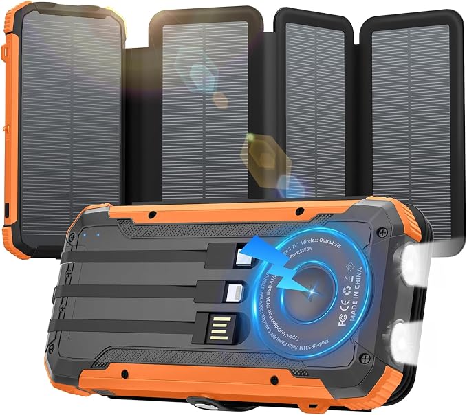Solar Power Bank 20000mAh Portable Charger Built-in 3 Cables and Wireless by Saraupup