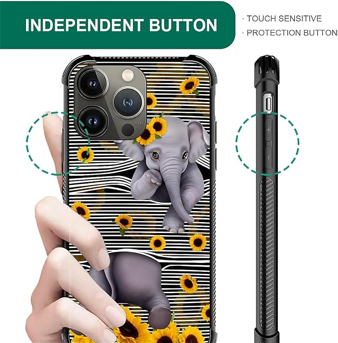 for iPhone 12 Pro Max Case, Cute Little Elephant Sunflower White Line Art - Image 5