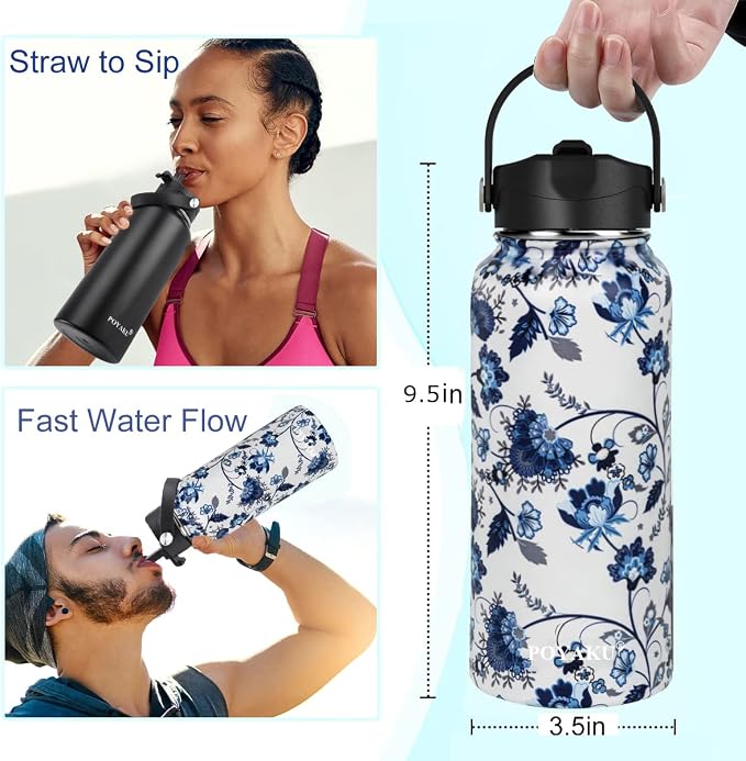 Water Bottle Insulated 32oz 40oz 64oz 128oz Straw Lid Spout Lid & 3 Lids - Image 3