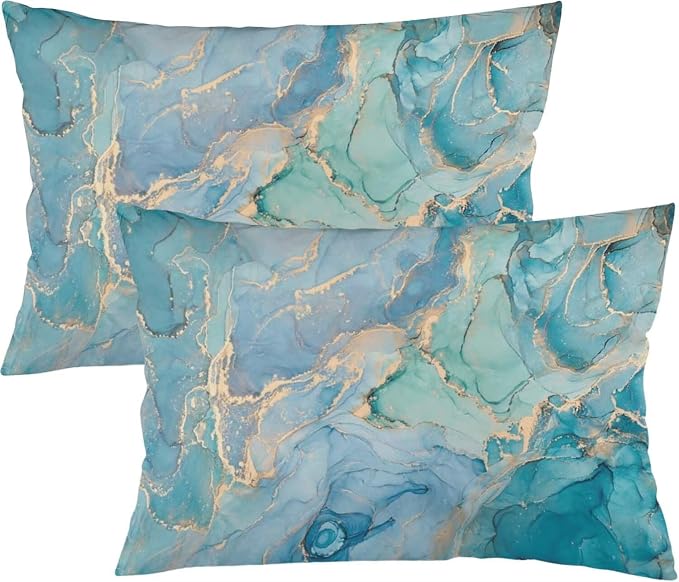 Teal Marble Throw Pillow Covers Set of 2 Queen Size Turquoise Blue Gold Natural by Unknown