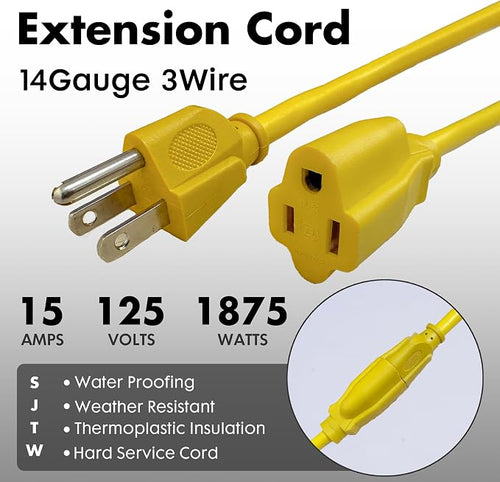 10ft Yellow Outdoor Extension Cord Waterproof, UL Listed, 14/3 SJTW Heavy Duty - Image 2