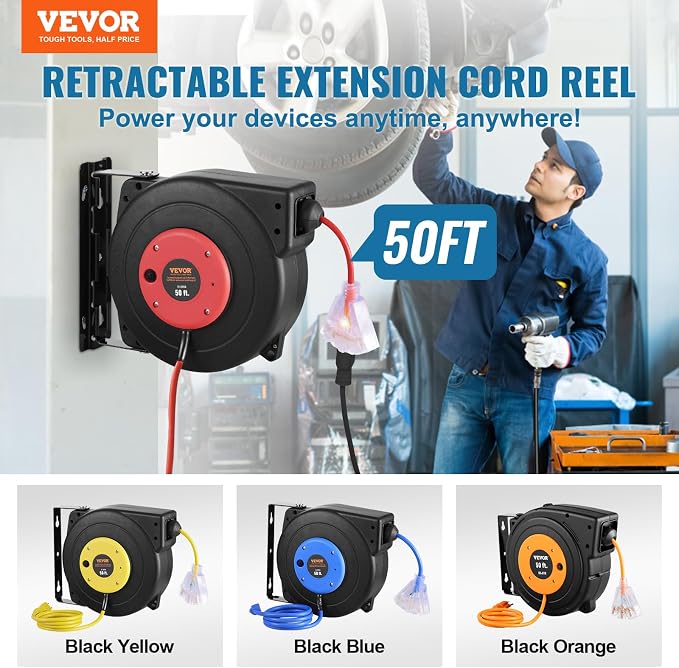VEVOR Retractable Extension Cord Reel, 50 FT, Heavy Duty 14AWG/3C SJTOW - Image 2