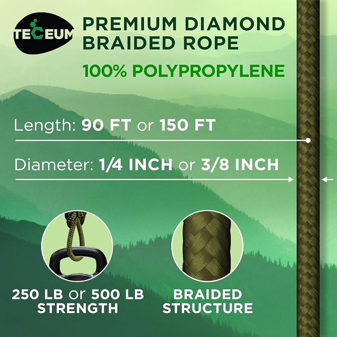 TECEUM Rope – 90 Feet x 1/4 Inch – Army Green – Strong All-Purpose Utility Rope - Image 2