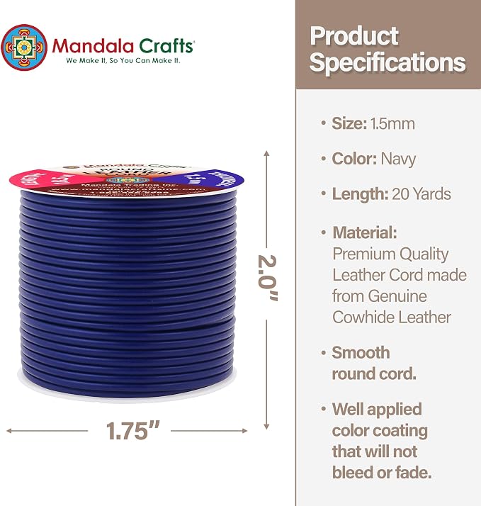Mandala Crafts Round Genuine Navy Blue Leather Cord - Image 4