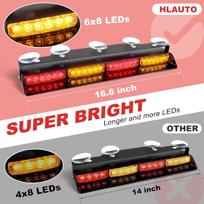 HLauto 6Z4J Emergency Dash Strobe Lights: 2x16.8 inch Red Amber Safety Lights - Image 2