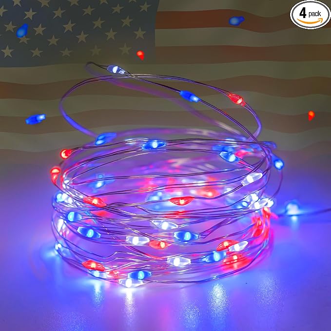4th of July Decorations, 4 Pack Red White and Blue Fairy Lights Battery Operated by EXF