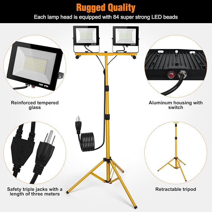 LED Work Lights with Stand, 21000 Lumen, 2-Head Adjustable Work Light, - Image 3
