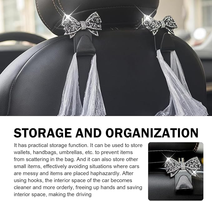 2 PCS Bling Bow Car Seat Headrest Hooks, Cute Rhinestone Bow Car Seat Back - Image 6