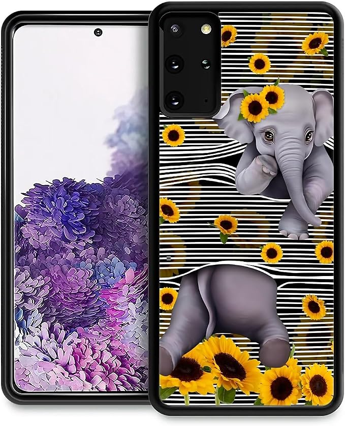 for Samsung Galaxy S20 Plus Case, Cute Little Elephant Sunflower White Line Art by FKBRCL4U