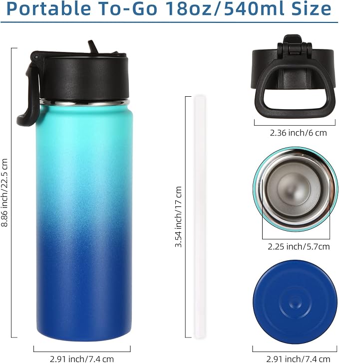 Volhoply 18oz Insulated Water Bottle Bulk 2 Pack, Kids Stainless Steel Water - Image 2