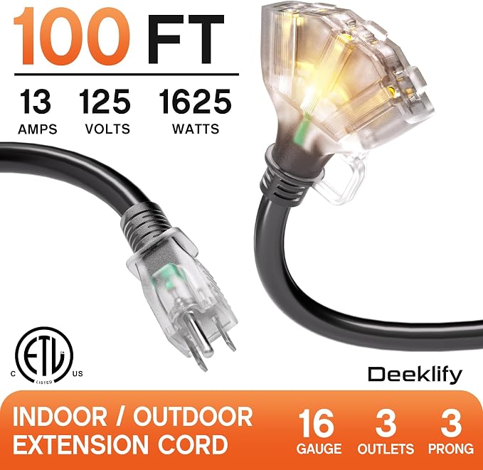 100 ft 16/3 awg 3 Outlet Extension Cord Splitter - Image 2