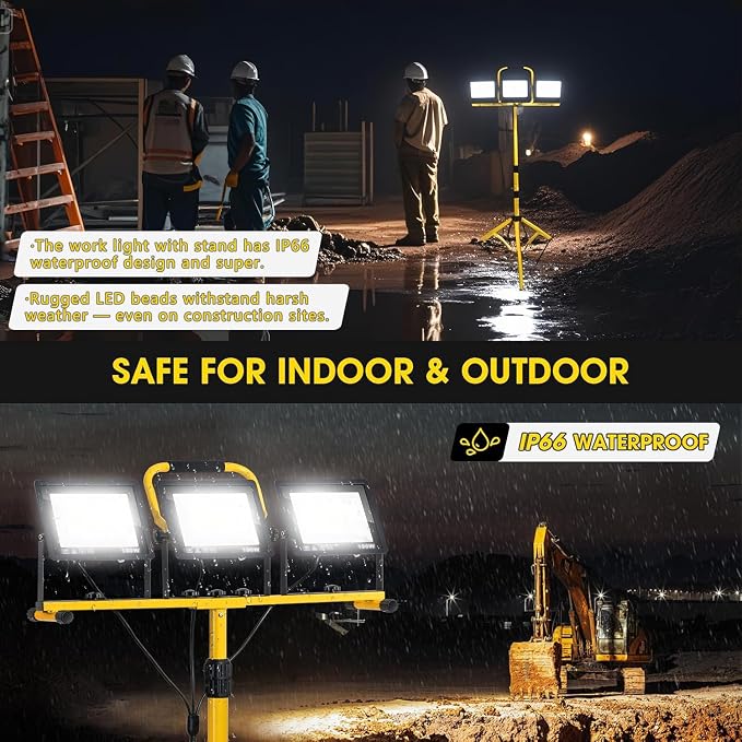 32000LM LED Work Light with Tripod, 3x100W 3-Head Floodlight, Plug-in 120V - Image 4