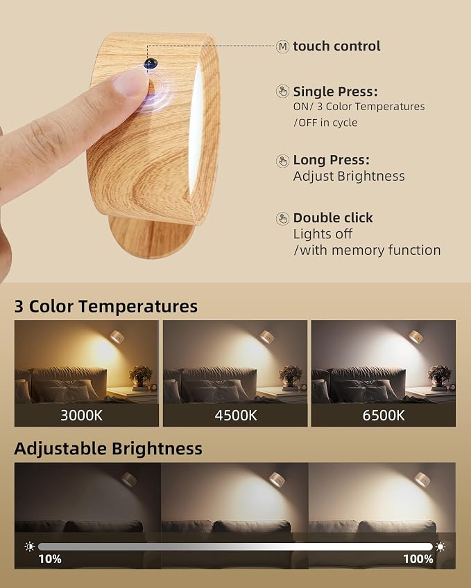 LED Wall Mounted Lights, Rechargeable Wall Sconce Lamps, 3 Color Temps & Remote - Image 3