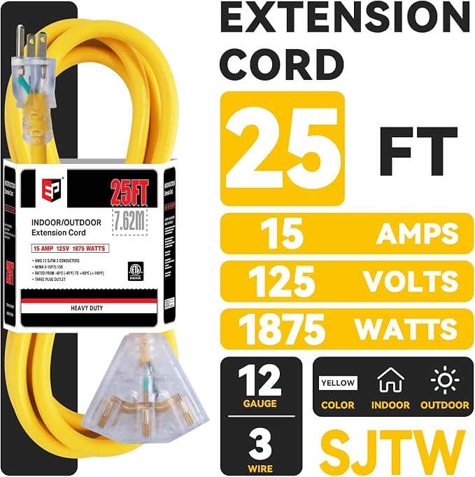 EP 2 Pack 25 Ft 12 Gauge Heavy Duty Extension Cord, 15A 125V 1875W, 3 Outlet - Image 2