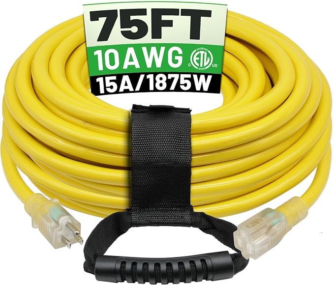 POWGRN 75 Ft 10AWG Outdoor Extension Cord Waterproof Heavy Duty 10 Gauge 3 Prong by POWGRN