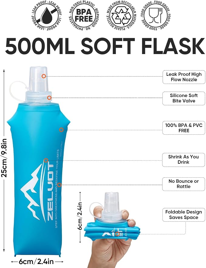 Zelvot Running Vest Soft Flask, BPA-Free 500ml Collapsible Water Bottle - Image 4