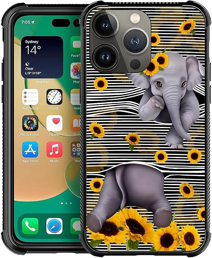for iPhone 14 Pro Max Case, Cute Little Elephant Sunflower White Line Art by FKBRCL4U