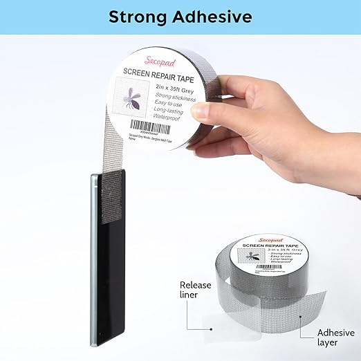 Secopad Grey Window Screen Repair Tape, 2IN X 35FT Screen Repair Kit - Image 2