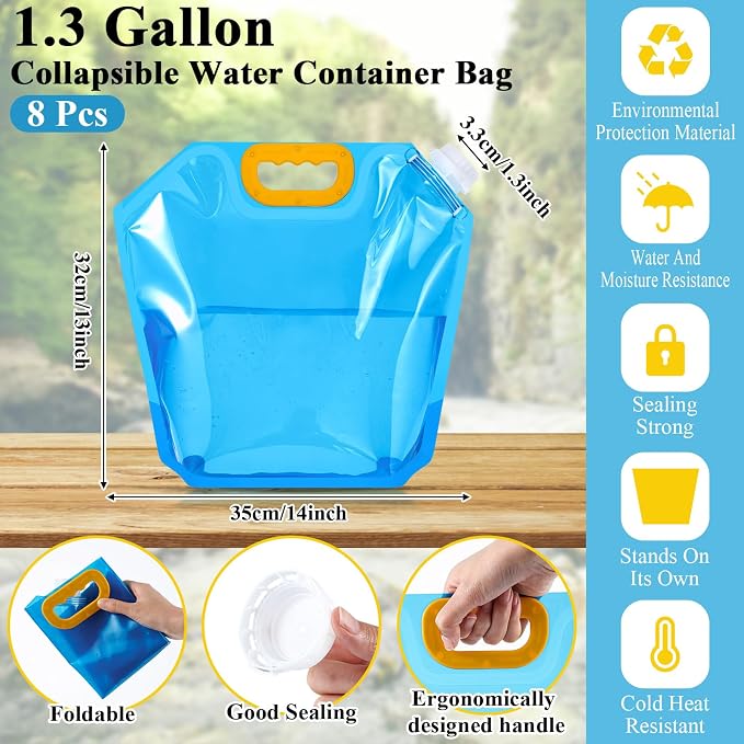 Tessco for you 8 Pack 1.3 Gallon Collapsible Water Storage Bag Water Container - Image 2