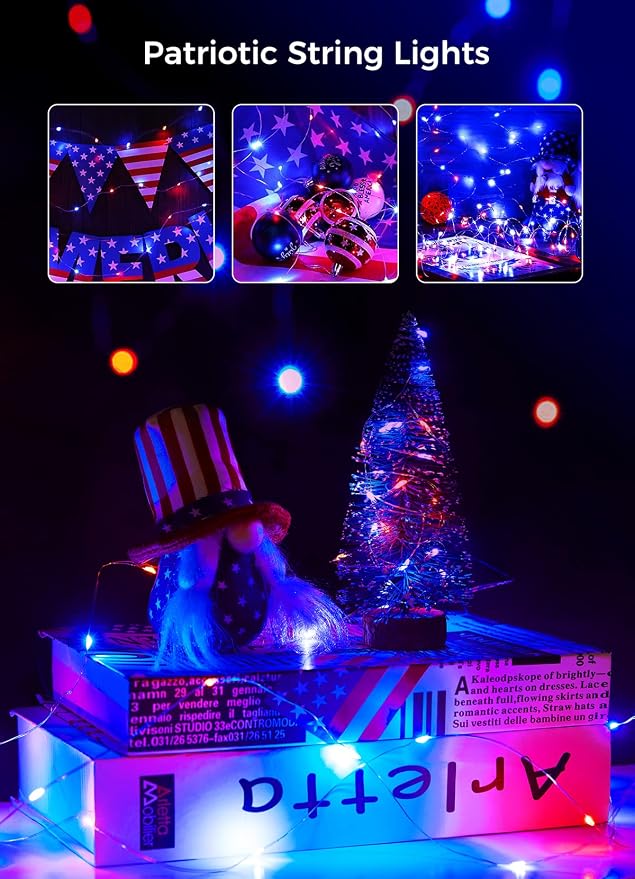 Brightown 4th of July Decor Patriotic Fairy Lights, 7 FT. Silver Wire Red White - Image 4