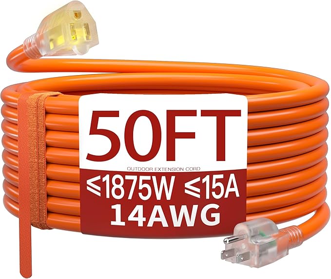 50 FT 14/3 Extension Cord Outdoor, Heavy Duty Weatherproof & Flame Retardant by Skrizcable