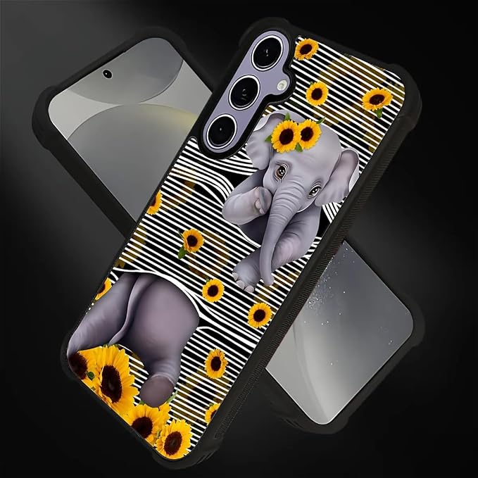 for Samsung Galaxy S24 S25 Case, Cute Little Elephant Sunflower White Line Art - Image 2