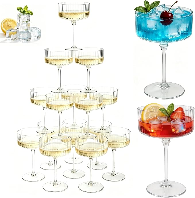 PLULON 12 Pcs Clear Martini Glasses Set 10 Oz Plastic Ribbed Coupe Glass by PLULON