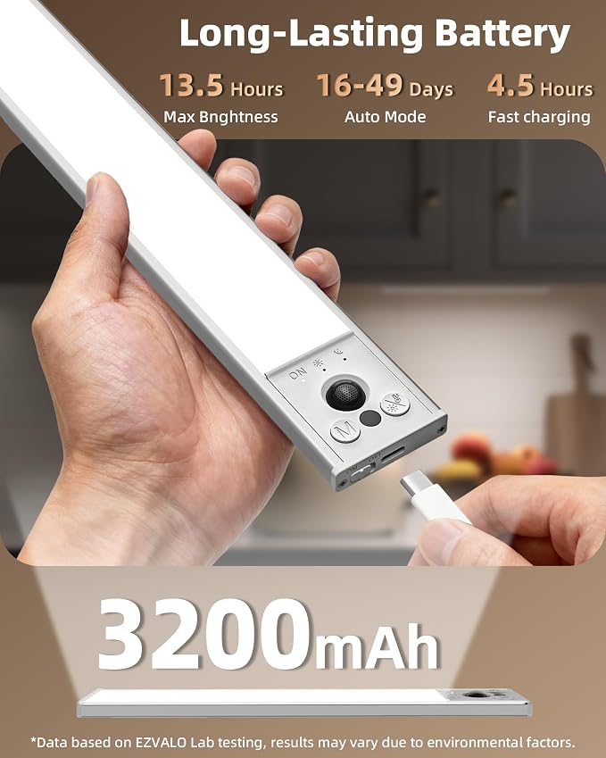 EZVALO 12-inch Under Cabinet Lighting, 3200mAh Rechargeable Motion Sensor Light - Image 4