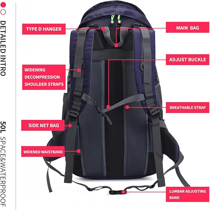 Bseash 50L Hiking Backpack, Water Resistant Lightweight Outdoor Sport Daypack - Image 7