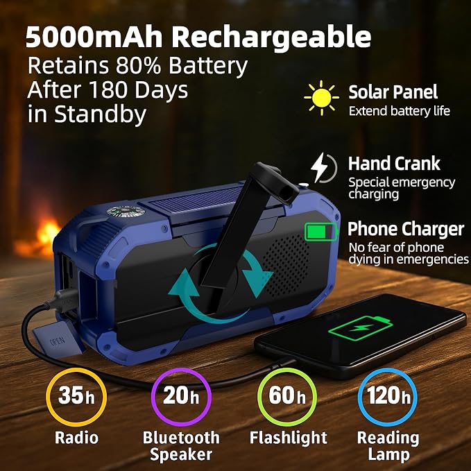 KAYINOW Emergency NOAA Weather Radio, Solar Hand Crank FM AM Radio - Image 3