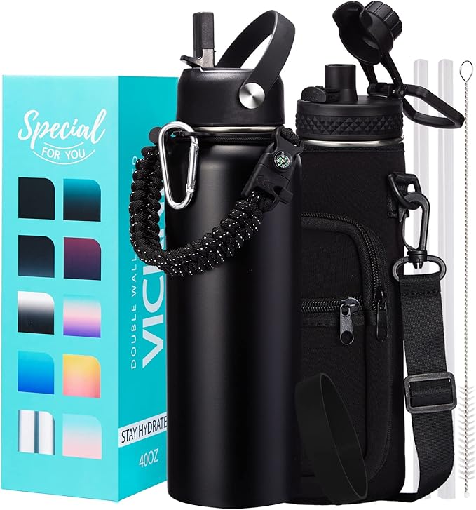 Water Bottle with Straw - 40 oz Stainless Steel Water Bottles by VICKNIY