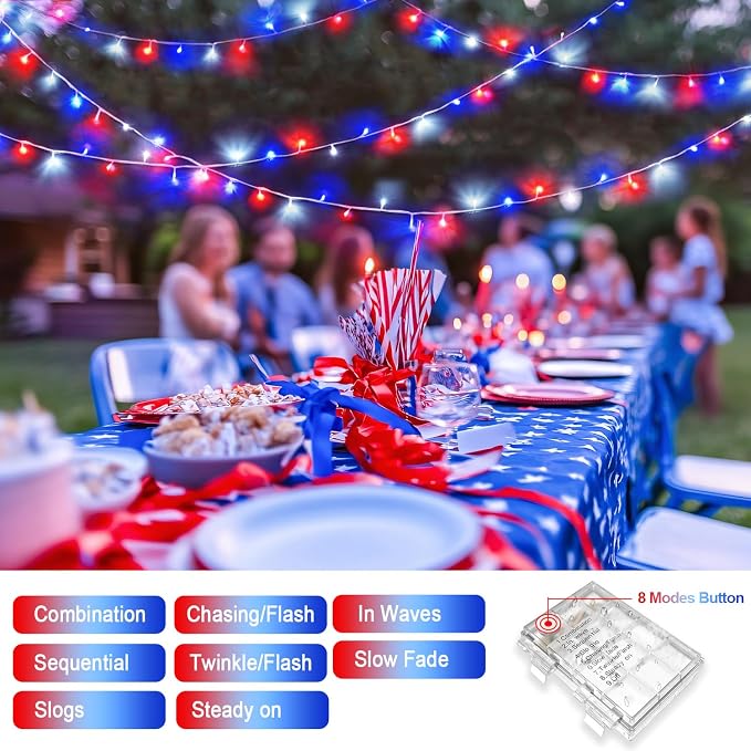 JMEXSUSS 2 Pack Red White and Blue Lights Outdoor, 33ft 100 LED 4th of July - Image 7