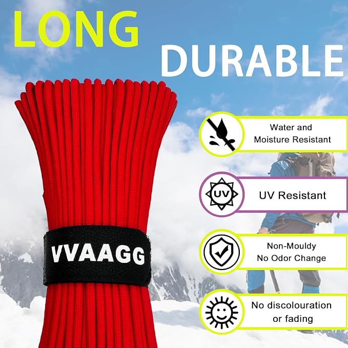 VVAAGG 1000 Red Paracord 200FT Utility Parachute Cord 4mm Nylon String12 Strand - Image 3